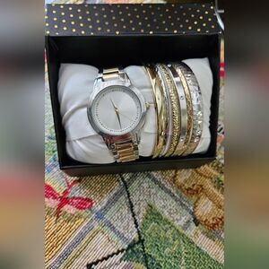 Elegant Silver and Gold Women's Watch and Bracelet Set